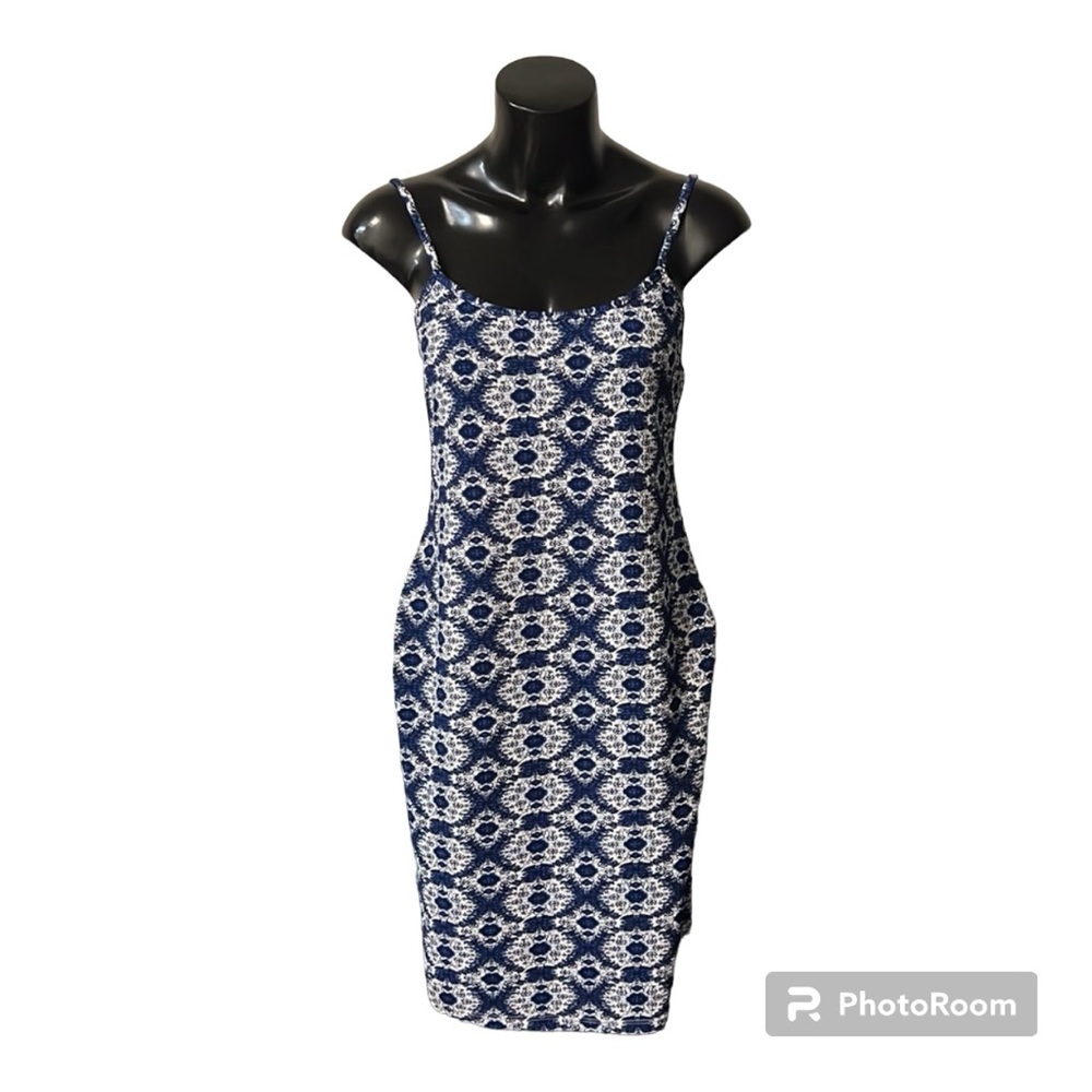 Spaghetti Strap Dress | Large | Lava | Blue with White Detailed Pattern
